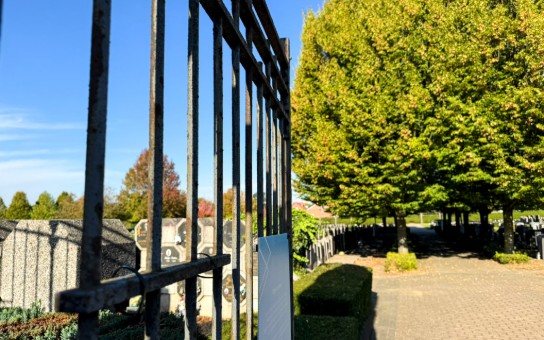 Zicht door een metalen hek op een begraafplaats met graven en bomen onder een blauwe lucht. (vergroot foto)